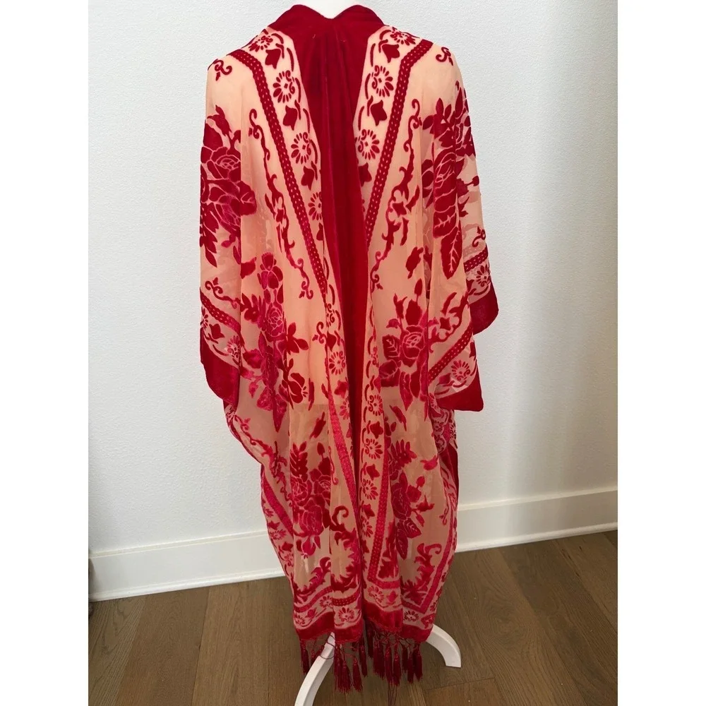 Free‎ People Kimono Sheer Velvet Burnout Floral Duster Red Boho Bohemian